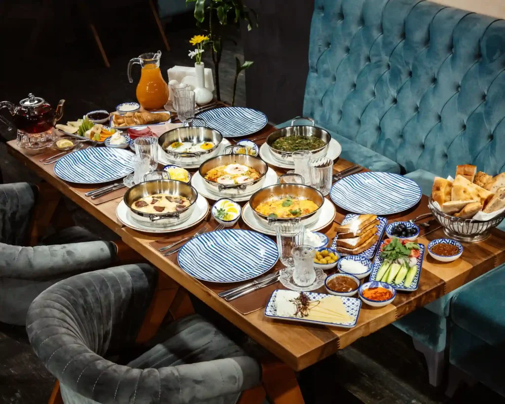 brown rectangular table full of food items