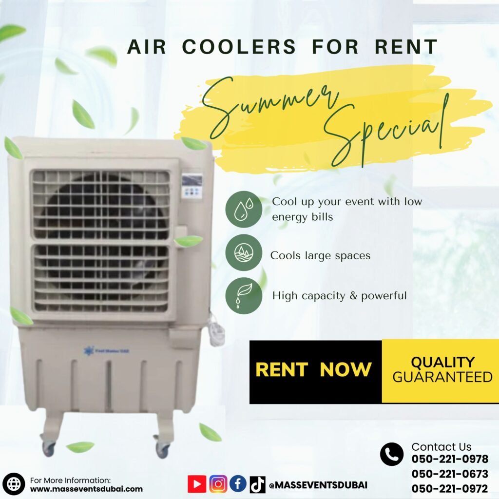 Portable air cooler rental for outdoor events in Dubai, UAE – perfect cooling solution for weddings and parties