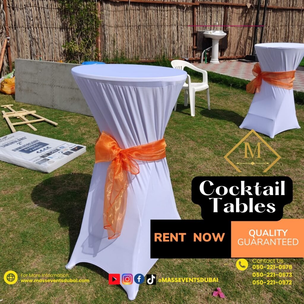 Plastic cocktail table with white cover for rent in Dubai. Available for rent all over the UAE.