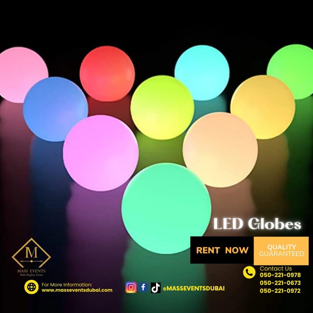 LED globe for rent in Dubai is stylish event décor lighting for weddings, parties, also corporate events in UAE.