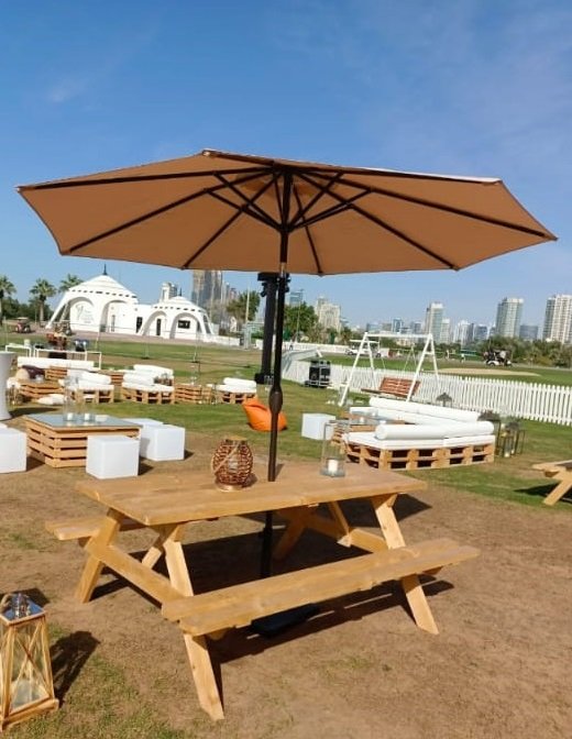 picnic bench and umbrella