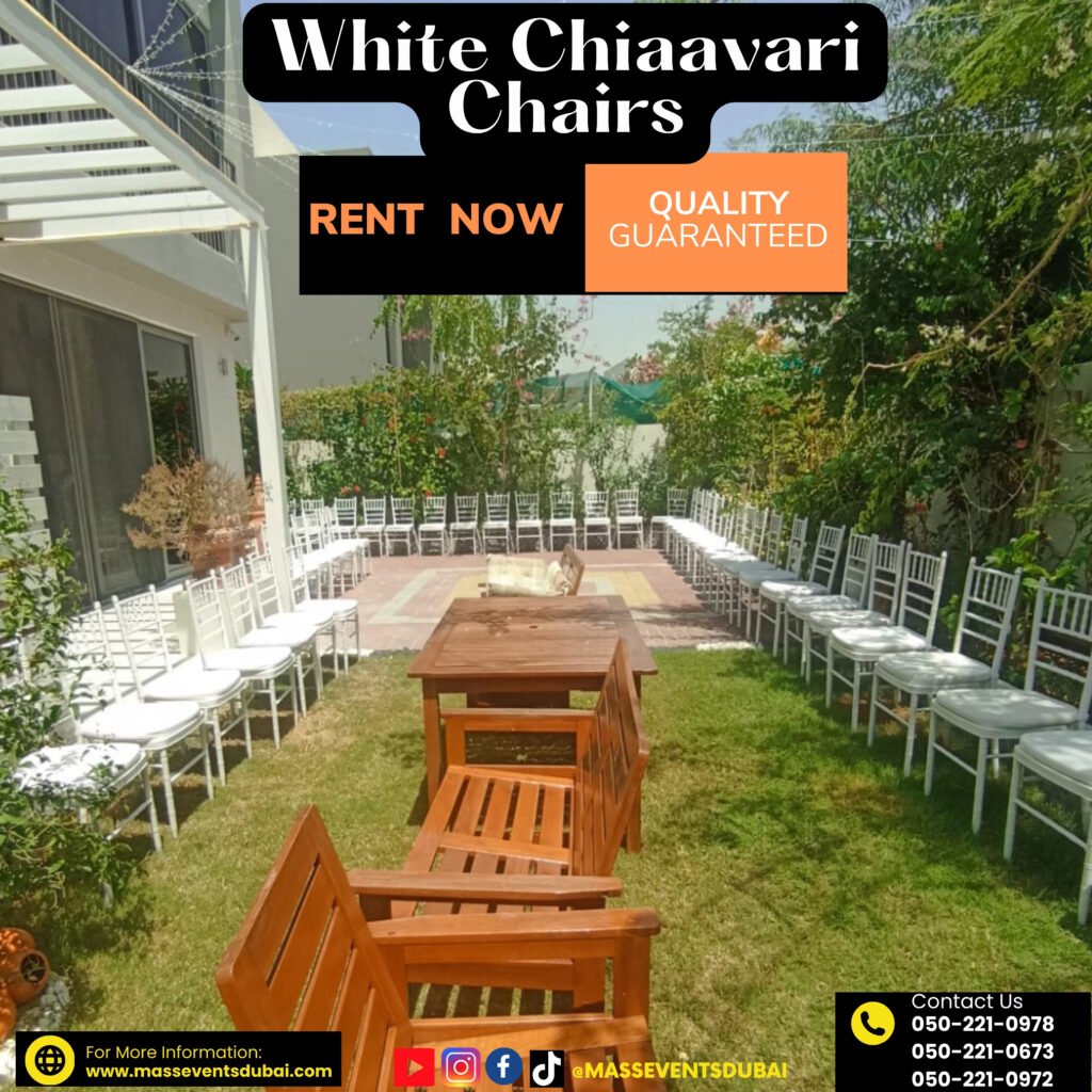 White rental chiavari chairs for a function in a villa
