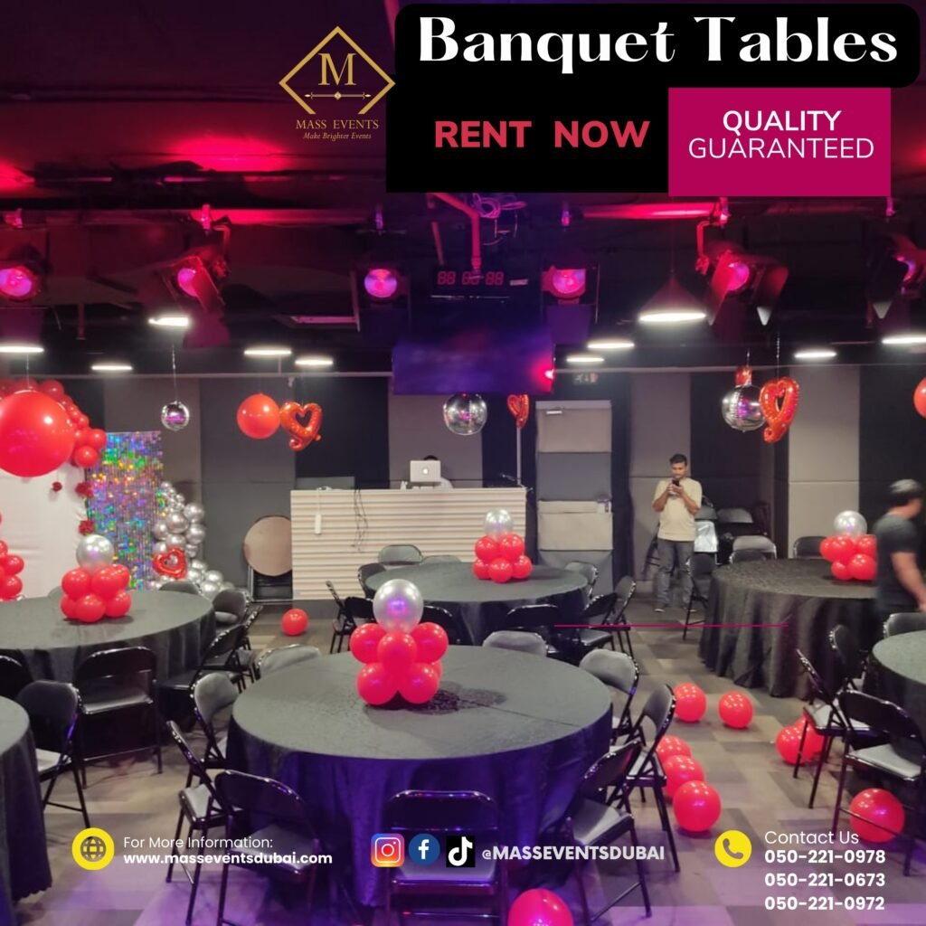 Banquet table with black covers and with chairs for rental in Dubai and UAE