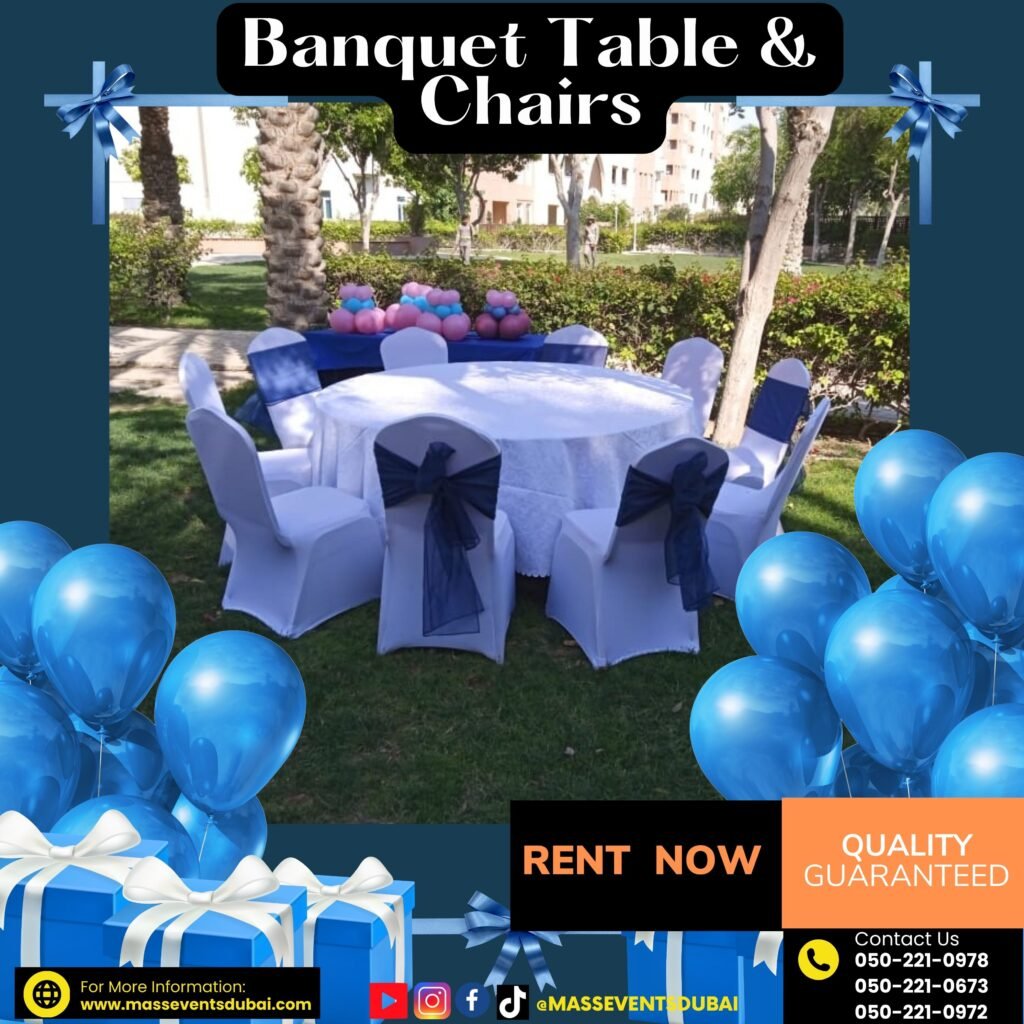 Event furniture setup – round table with white cover and matching chairs in Abu Dhabi
