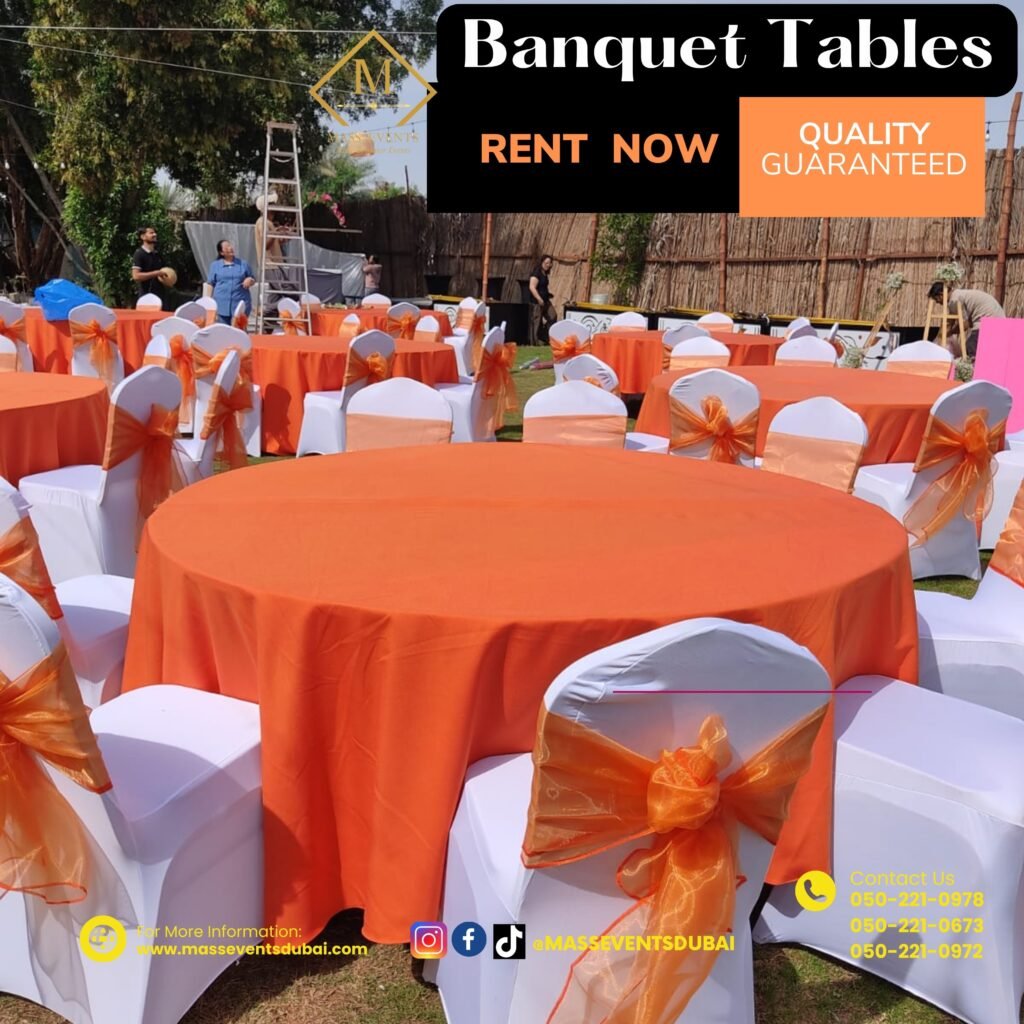 Well-arranged banquet table with chairs for rental in Dubai and UAE