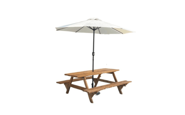 picnic bench and chair with umbrella