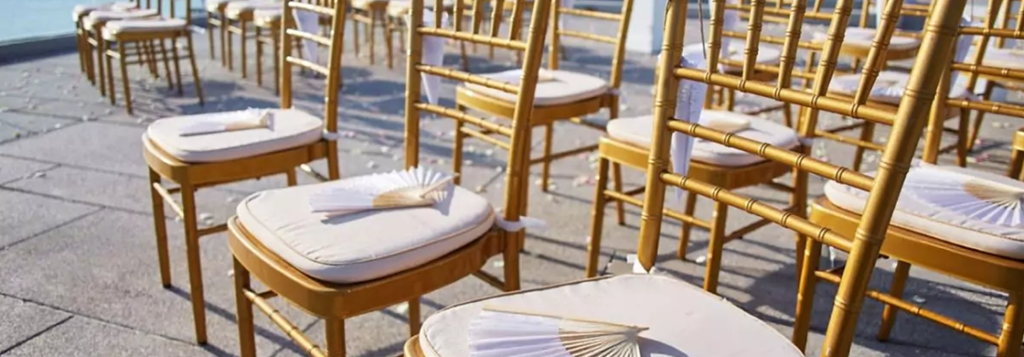 white cushioned golden yellow color chairs