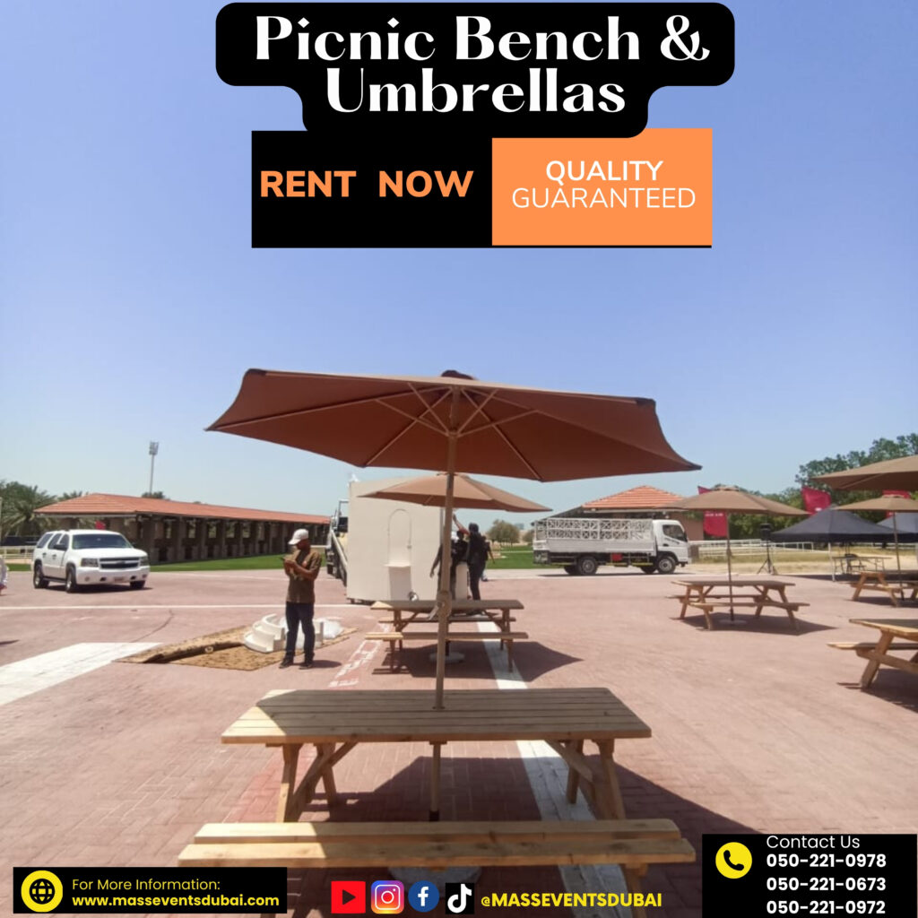 Wooden picnic benches for rent in Dubai for social outdoor gatherings