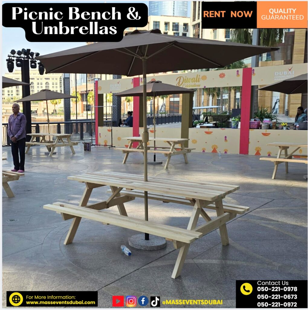 Picnic bench rental in Dubai for garden party and villa events