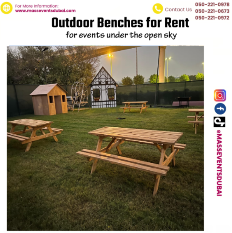 Picnic benches for rent in Dubai for outdoor event seating setup
