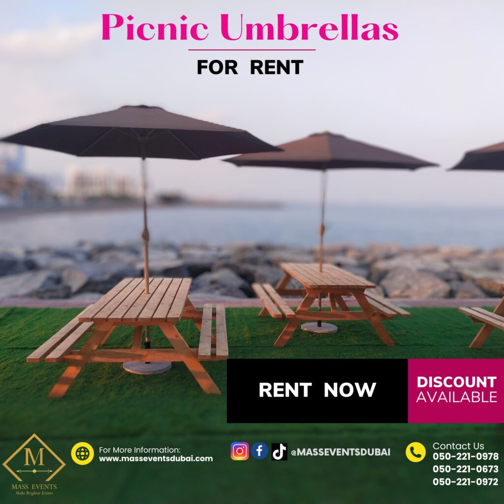 Picnic bench rental in Dubai with neat outdoor seating arrangement